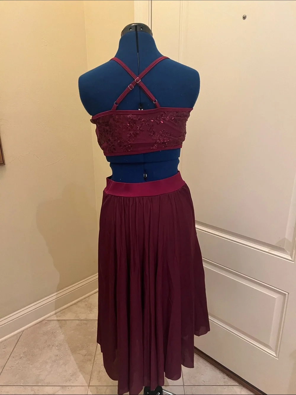 Women's Burgundy Two-Piece Sequin Dance Dress